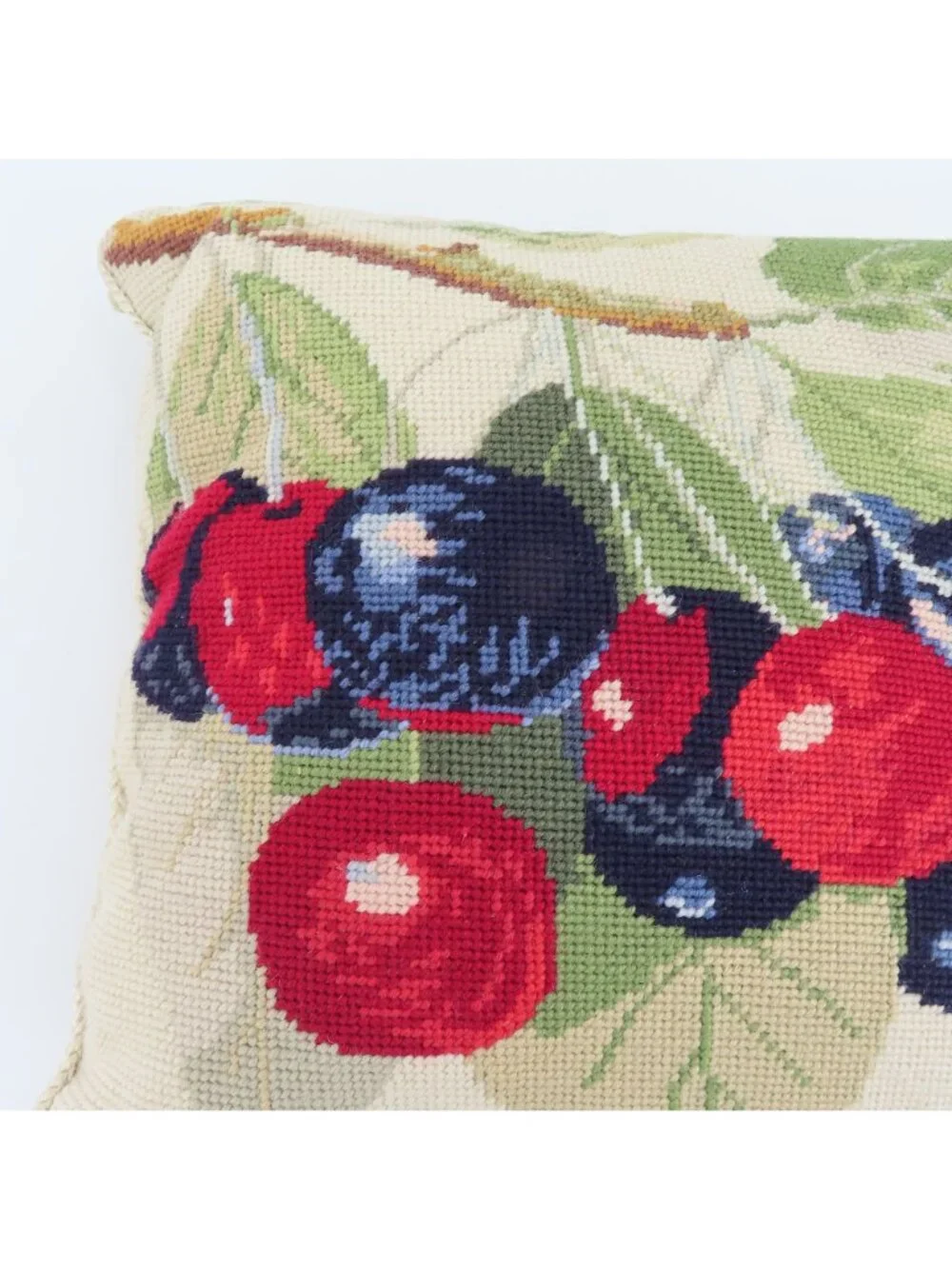 Needlepoint Cherries Blue Red Cord Trimmed Accent Throw Pillow Wool Country Farm